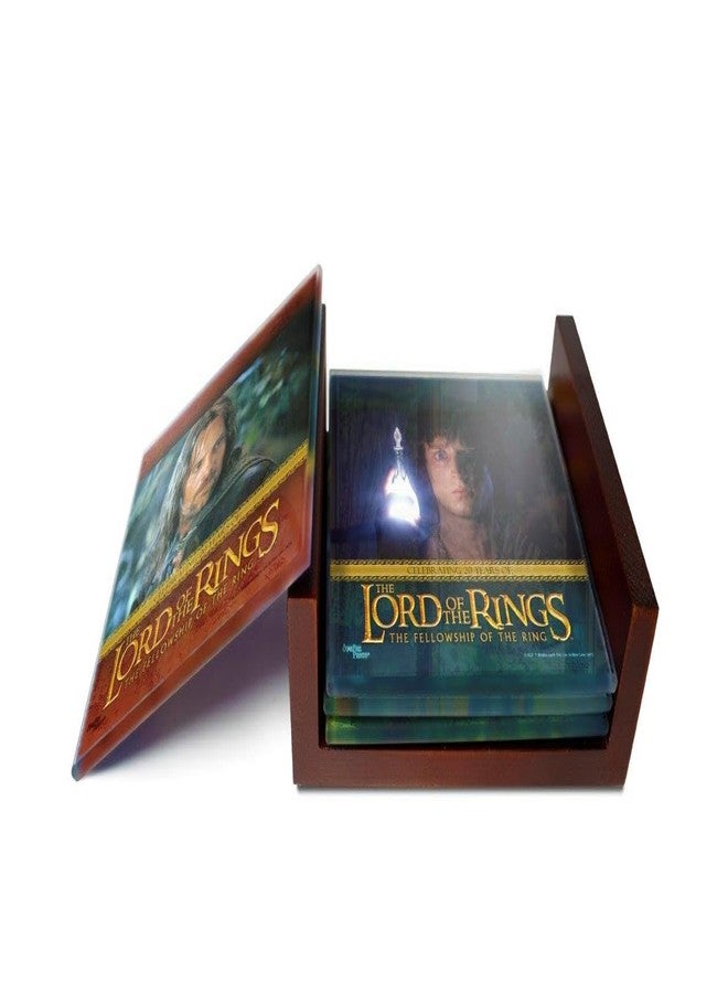 Trend Setters The Lord of The Rings - Fellowship of The Ring 20th Anniversary - Characters - Set of Four 4” x 4” Glass Coasters - Comes with Stylish Modern Wooden Coaster Stand - for Gifting and Collecting - Image 2