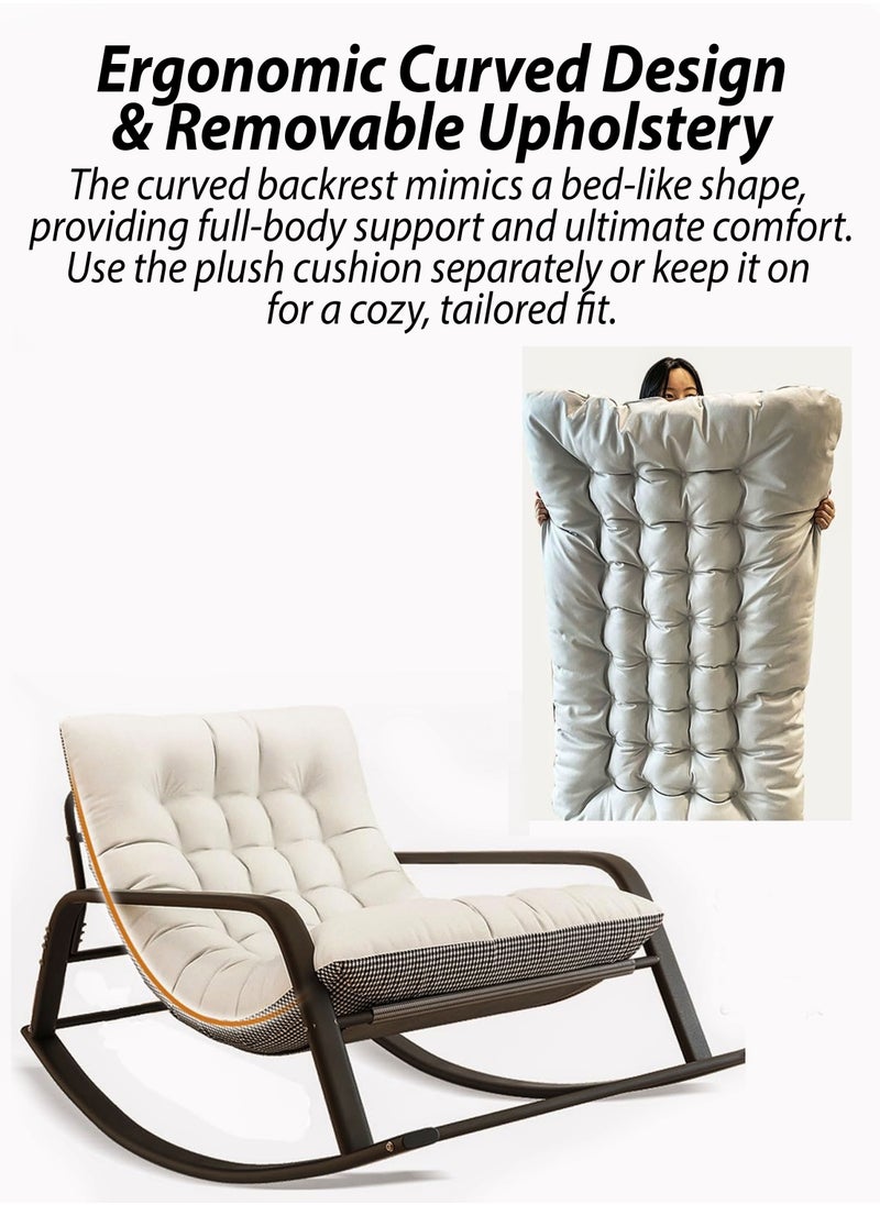 DBLEW - Modern Tufted Upholstered Rocking Chair with Extra-Wide Seating and Armrest, Reclining  Seat Thick Cushioned Removable Upholstery, Sturdy Black Metal Frame, Anti-Tip Safety Design, Silent Non-Slip Base, and Ergonomic Curved Back for Indoor & Outdoor Lounge, Camping, Picnics, Patio, Garden, Backyard, Lawn, Balcony, Porch, Bedroom and Living Room - Image 1