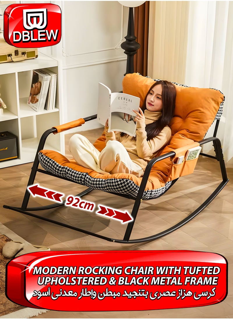 DBLEW - Modern Tufted Upholstered Rocking Chair with Extra-Wide Seating and Armrest, Reclining  Seat Thick Cushioned Removable Upholstery, Sturdy Black Metal Frame, Anti-Tip Safety Design, Silent Non-Slip Base, and Ergonomic Curved Back for Indoor & Outdoor Lounge, Camping, Picnics, Patio, Garden, Backyard, Lawn, Balcony, Porch, Bedroom and Living Room - Image 1