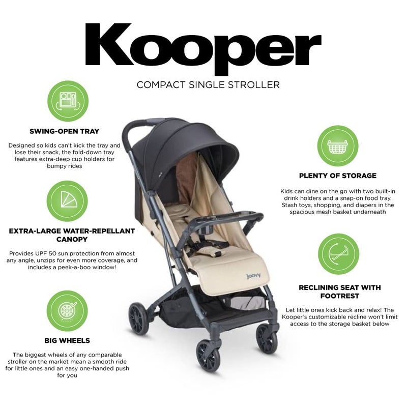 Joovy Kooper Lightweight Baby Stroller Featuring Removable SwingOpen Tray Big Wheels Reclining Seat with Footrest ExtraLarge Retractable Canopy and Compact Fold Sand - Image 4