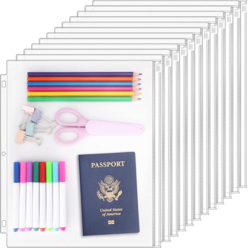 Antner 12 Pack Letter Size Binder Pockets 3 Holes Zipper Binder Folders for 3-Ring Binder, Clear PVC Loose Leaf Bag Binder Pouch Insert Pages Sheet Protectors Waterproof Document Filling Storage Bags - Image 1