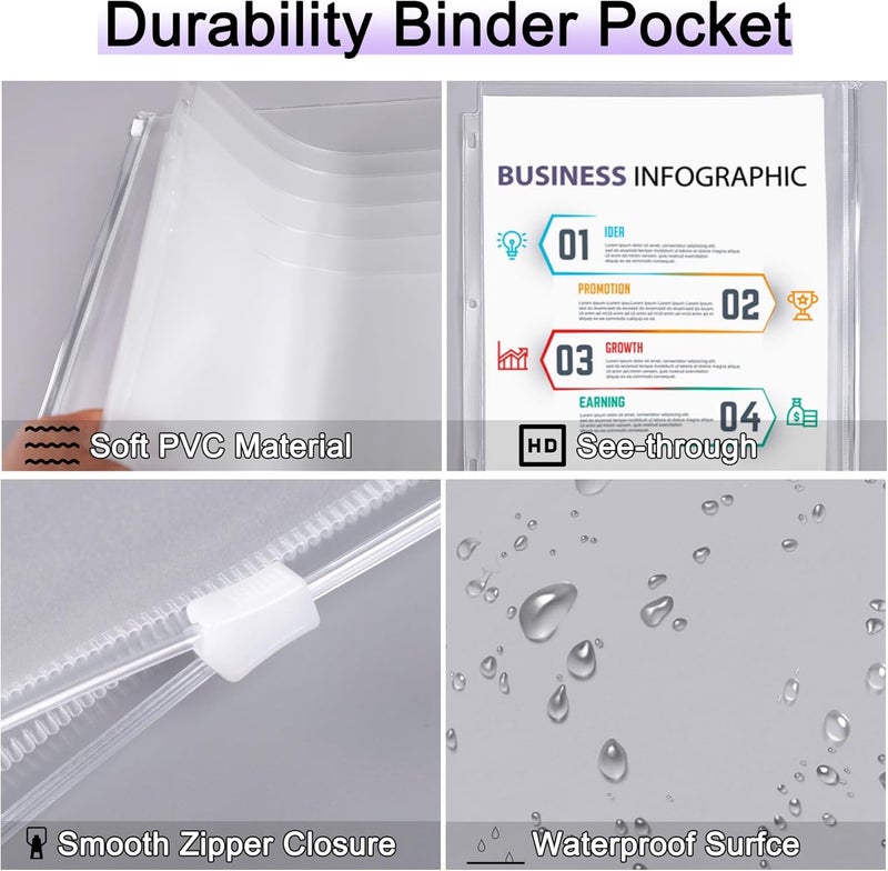 Antner 12 Pack Letter Size Binder Pockets 3 Holes Zipper Binder Folders for 3-Ring Binder, Clear PVC Loose Leaf Bag Binder Pouch Insert Pages Sheet Protectors Waterproof Document Filling Storage Bags - Image 3