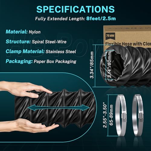 HG Power 3 Inch Duct Hose, 3" X 8FT Flexible Nylon Duct, Heavy Duty Hose Hose Air Ducting with 2 Clamps for HVAC, RV, Boat Blower, Bathroom Exhaust Black - Image 4