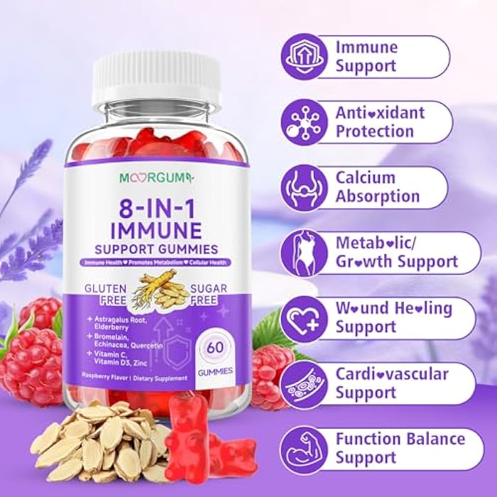 MOORGUMY Immune Support Gummies – 8-in-1 Formula Herbal Supplements with Astragalus, Elderberry, Quercetin, Bromelain, Echinacea, Vitamin C, D3 and Zinc for Everyday Balance, Raspberry Flavor, 60 Count - Image 4