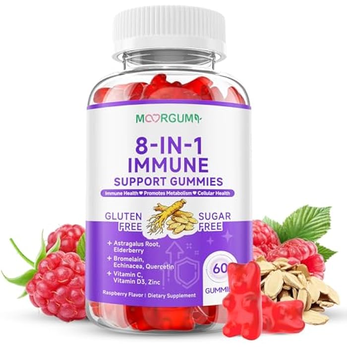 MOORGUMY Immune Support Gummies – 8-in-1 Formula Herbal Supplements with Astragalus, Elderberry, Quercetin, Bromelain, Echinacea, Vitamin C, D3 and Zinc for Everyday Balance, Raspberry Flavor, 60 Count - Image 1
