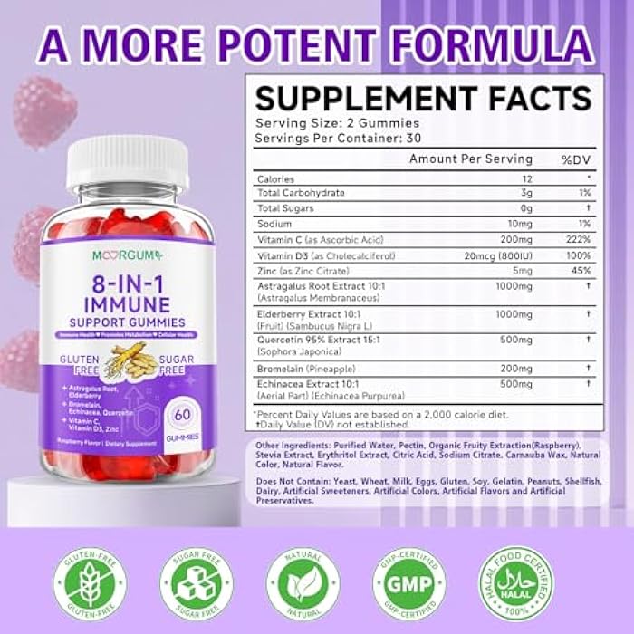 MOORGUMY Immune Support Gummies – 8-in-1 Formula Herbal Supplements with Astragalus, Elderberry, Quercetin, Bromelain, Echinacea, Vitamin C, D3 and Zinc for Everyday Balance, Raspberry Flavor, 60 Count - Image 2