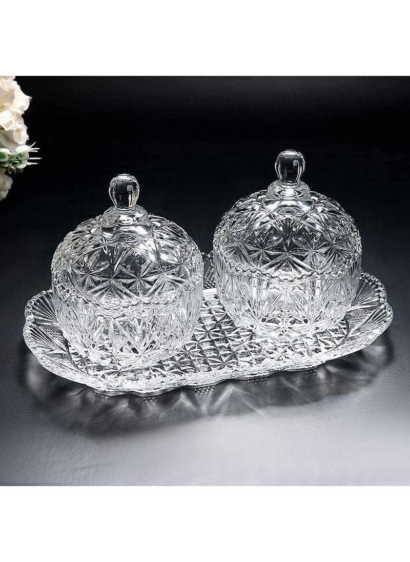AZLVERA ALVERA Crystal Candy Jar with Lid Glass Candy Dishes Sugar Bowl Chocolate Cookie Jar Food Containers Wedding Candy Buffet Jar Clear Set of 2 Bowls With Tray  - Image 1