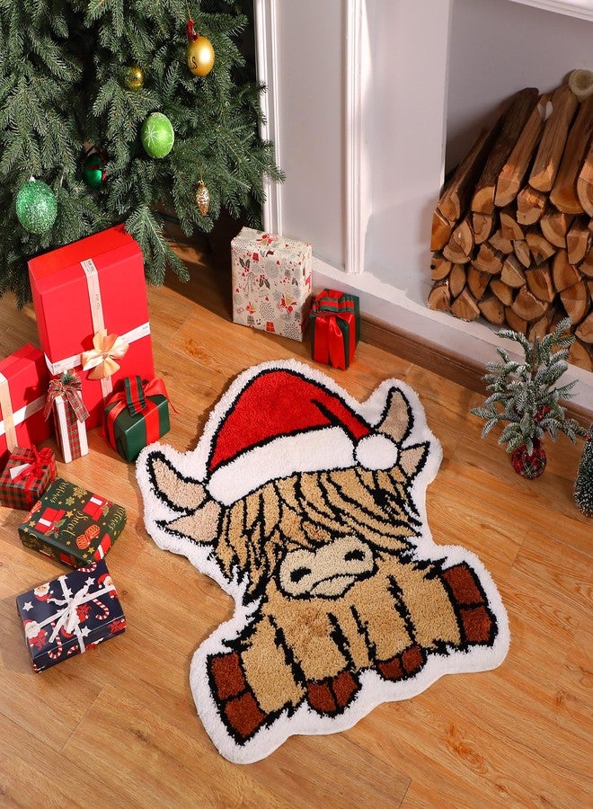 Tinideya Highland Cow Rug 35.43 x 35.4 Inch Christmas Hattufted Bathroom Rug Bath Mat Western Cow for Bathroom Decor Non Slip Washable Floor Mat for Kitchen Bedroom Xmas Home Decor - Image 1
