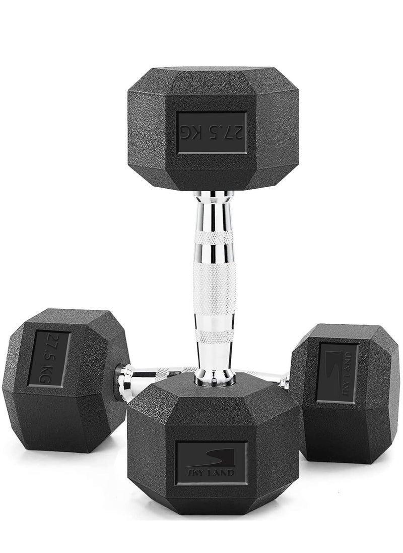 Sky Land - Set Of 2 Rubber Coated Hex Dumbbells, 1 Pair, 2x27.5kg | Exercise Weight Dumbbells, Chrome Plated for Strength Training Weights - Image 1