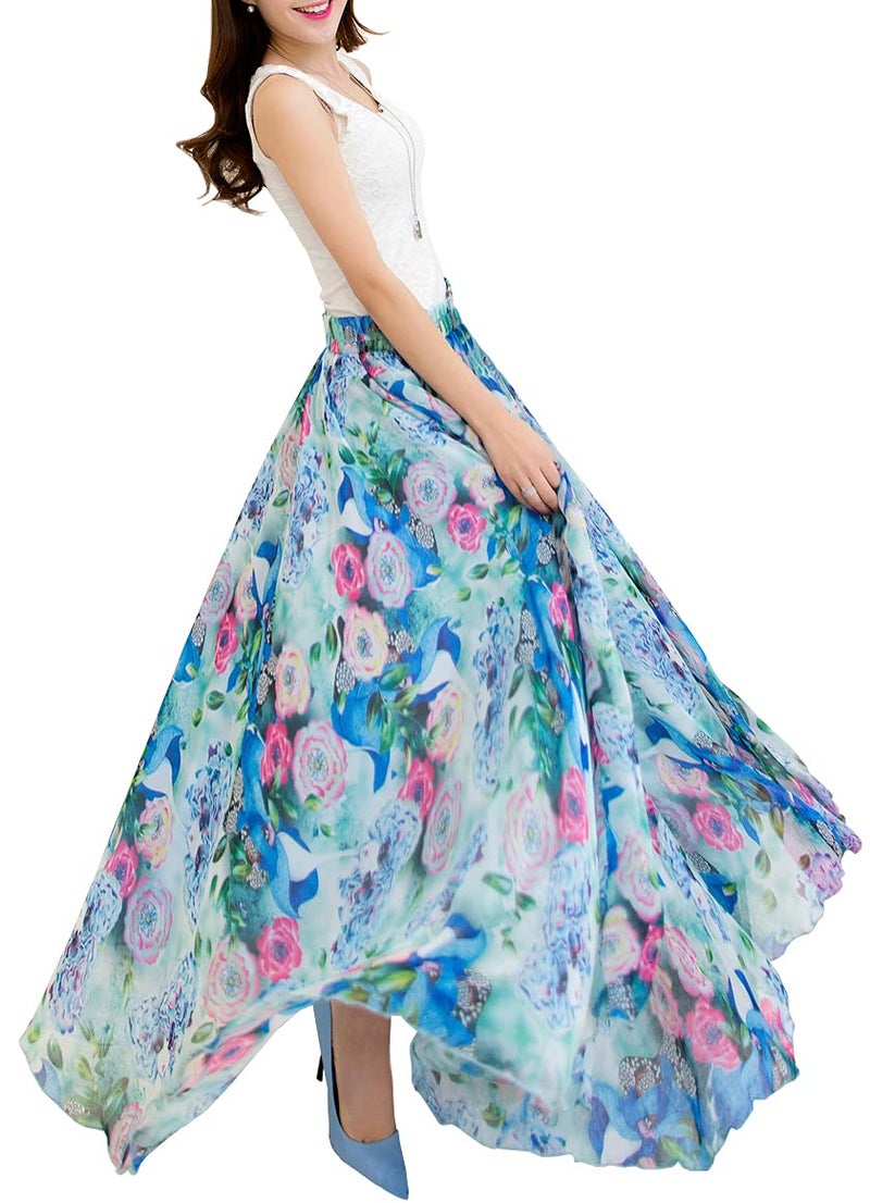 Afibi Women Floral Long Skirts Chiffon Summer Beach High Waisted Maxi Skirts XLarge S65