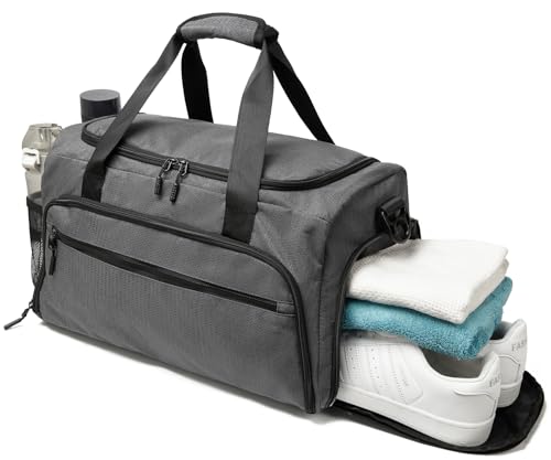 SOAEON Gym Bag for Men Women, Small Fitness Workout Sports Duffle Bag with Wet Pocket & Shoes Compartment, Water Resistant Overnight Weekender Duffel Bag in Grey - Image 1