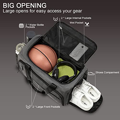 SOAEON Gym Bag for Men Women, Small Fitness Workout Sports Duffle Bag with Wet Pocket & Shoes Compartment, Water Resistant Overnight Weekender Duffel Bag in Grey - Image 3