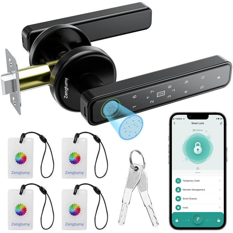 Zengtumy Fingerprint Door Lock, Door Locks for Bedrooms, Biometric Door Lock with Fingerprint/App/Password/Key/IC Card-Smart Door Lock for Home, Hotel, Office, Apartment-Black - Image 1