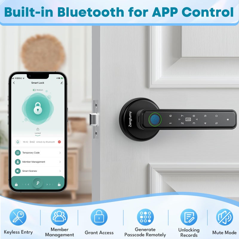 Zengtumy Fingerprint Door Lock, Door Locks for Bedrooms, Biometric Door Lock with Fingerprint/App/Password/Key/IC Card-Smart Door Lock for Home, Hotel, Office, Apartment-Black - Image 4