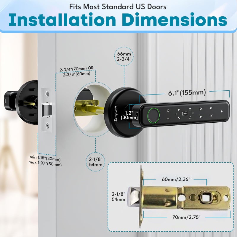 Zengtumy Fingerprint Door Lock, Door Locks for Bedrooms, Biometric Door Lock with Fingerprint/App/Password/Key/IC Card-Smart Door Lock for Home, Hotel, Office, Apartment-Black - Image 2