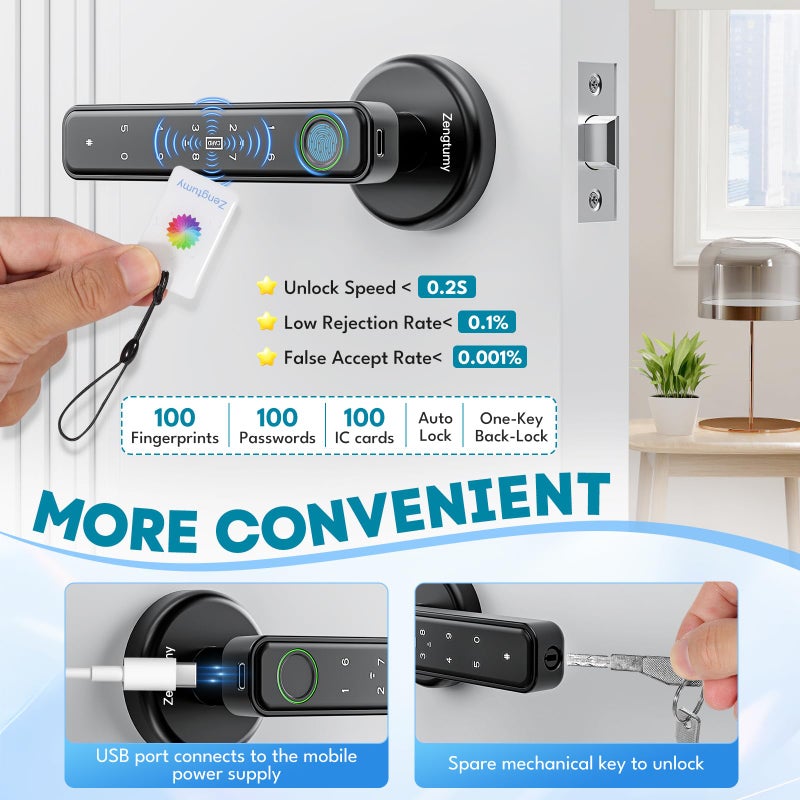 Zengtumy Fingerprint Door Lock, Door Locks for Bedrooms, Biometric Door Lock with Fingerprint/App/Password/Key/IC Card-Smart Door Lock for Home, Hotel, Office, Apartment-Black - Image 3