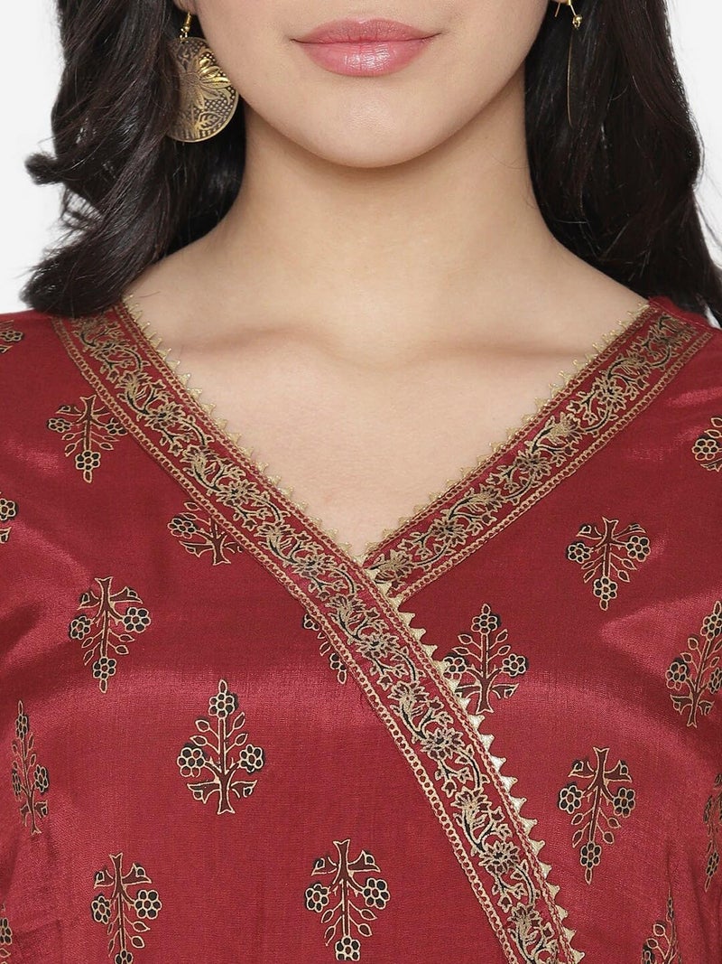rytras طقم كورتا أناركالي مطبوع للنساء مع دوبتة (RYT206، L) مارون - Image 5