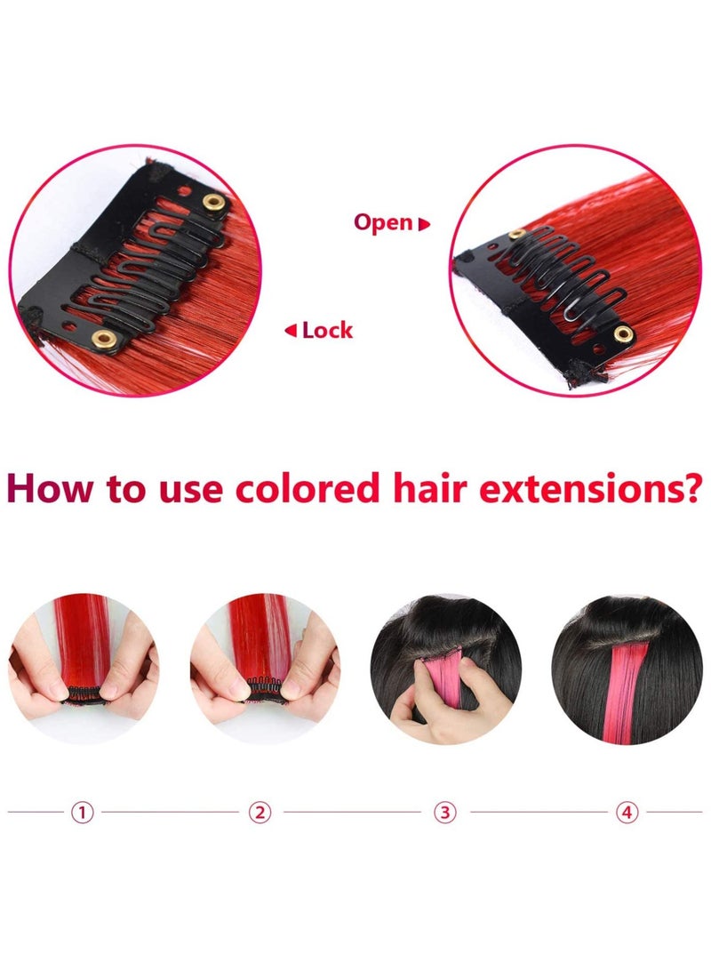 Estelle 22 inch Colored Hair Extensions straight Hairpiece, Multi-colors Party Highlights Clip in Synthetic Hair Extensions (10 PCS Red) - Image 5