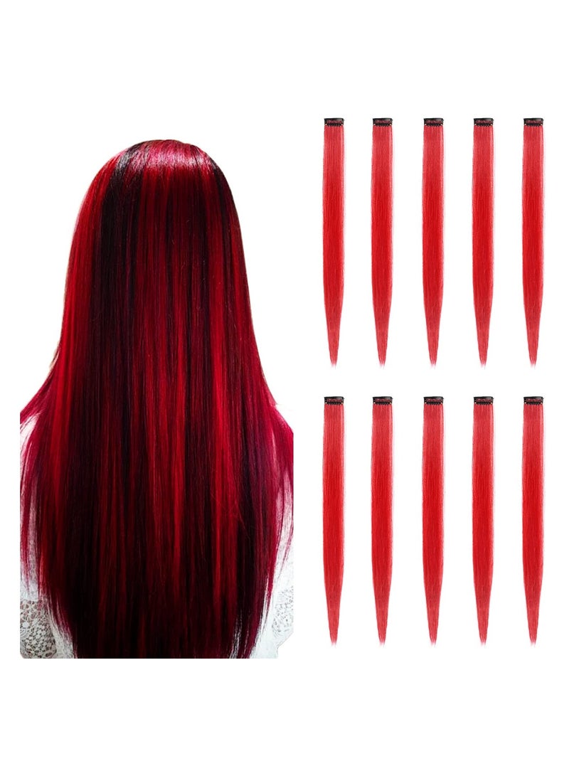 Estelle 22 inch Colored Hair Extensions straight Hairpiece, Multi-colors Party Highlights Clip in Synthetic Hair Extensions (10 PCS Red) - Image 1
