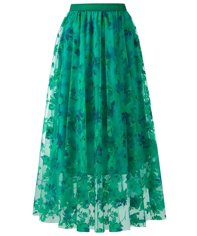 Reaowazo Skirts for Women Midi Long Length Dressy Casual Trendy Summer Tulle A-Line Floral High Waist Skirt Green XS - Image 1