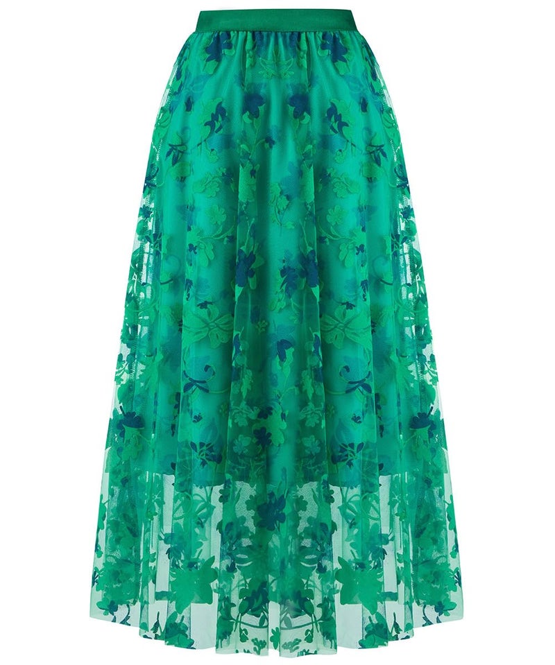 Reaowazo Skirts for Women Midi Long Length Dressy Casual Trendy Summer Tulle A-Line Floral High Waist Skirt Green XS - Image 4