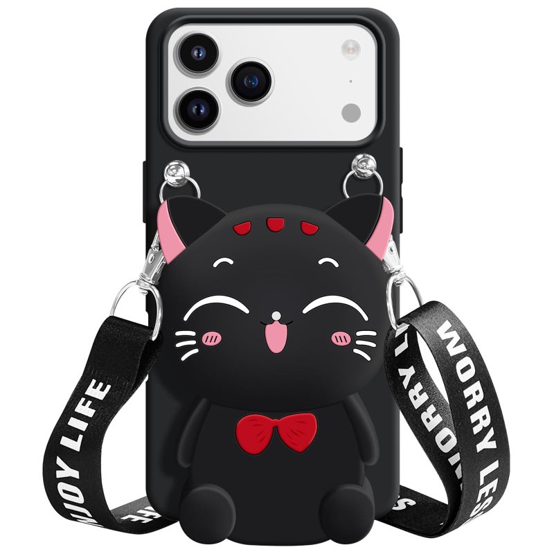 SGVAHY Wallet Case for iPhone 17 Pro Max with Strap Lanyard Cute Cat Black Coin Purse Funny Phone Case Kawaii Soft Silicone Shockproof Cover for Women Girls - Image 1