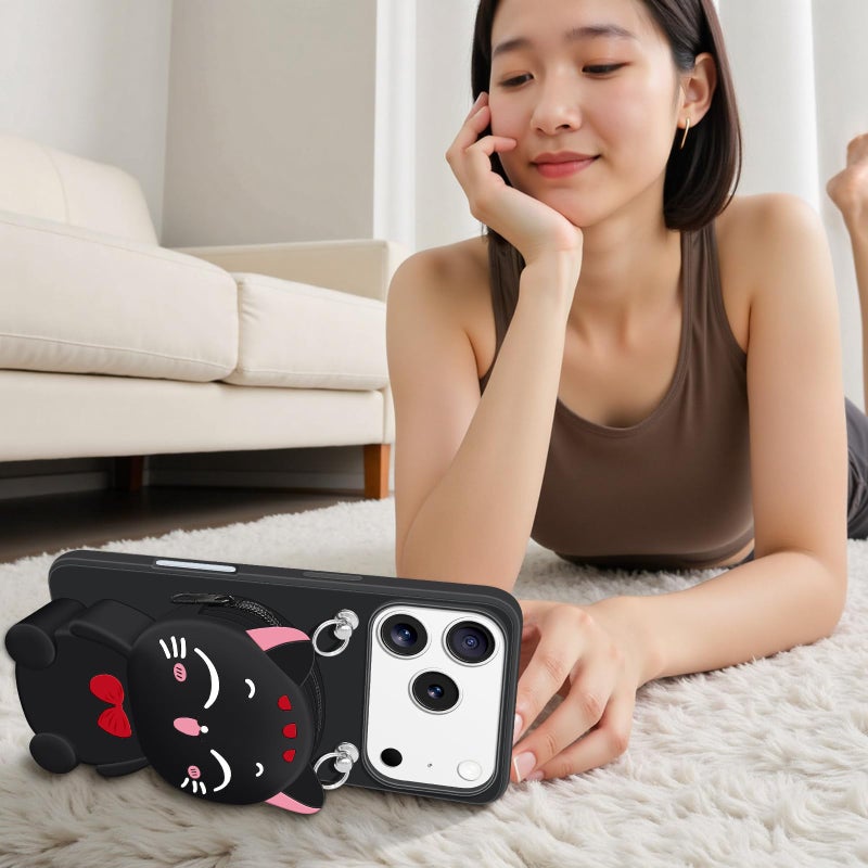 SGVAHY Wallet Case for iPhone 17 Pro Max with Strap Lanyard Cute Cat Black Coin Purse Funny Phone Case Kawaii Soft Silicone Shockproof Cover for Women Girls - Image 5