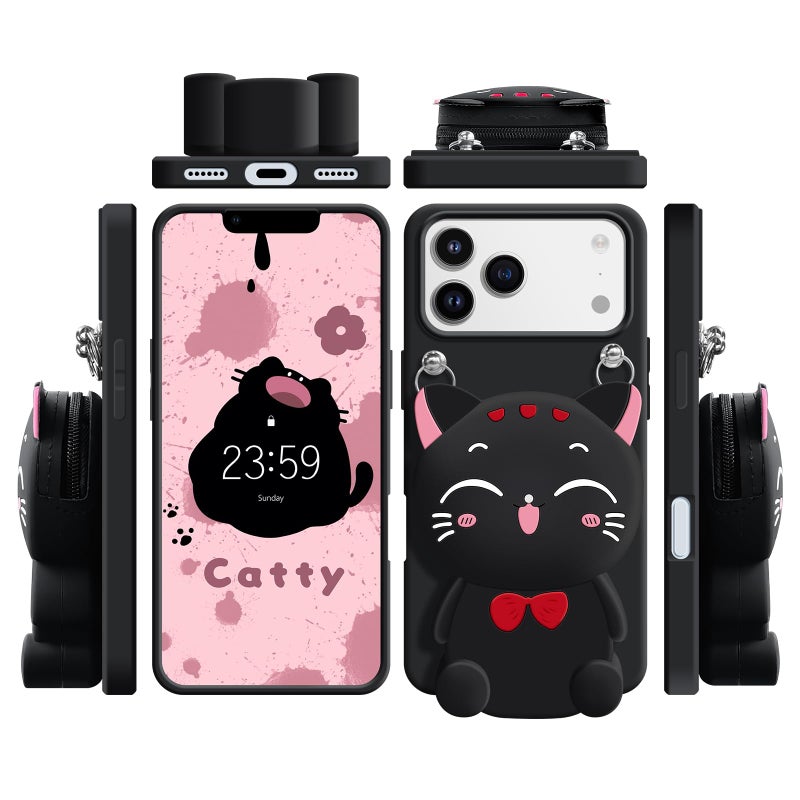 SGVAHY Wallet Case for iPhone 17 Pro Max with Strap Lanyard Cute Cat Black Coin Purse Funny Phone Case Kawaii Soft Silicone Shockproof Cover for Women Girls - Image 3