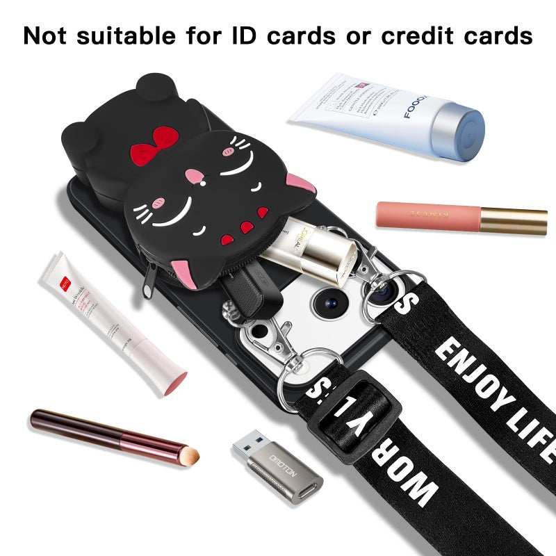 SGVAHY Wallet Case for iPhone 17 Pro Max with Strap Lanyard Cute Cat Black Coin Purse Funny Phone Case Kawaii Soft Silicone Shockproof Cover for Women Girls - Image 4