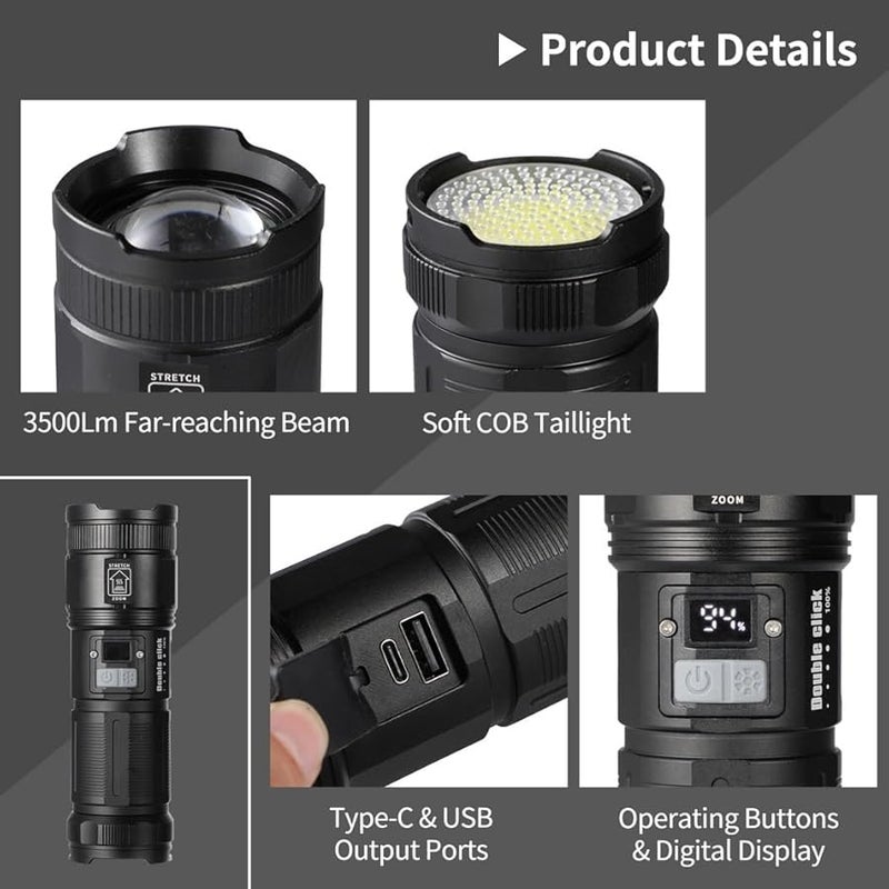 Black Rechargeable LED Flashlight 3500 Lumen 5 Modes Zoomable IP44 Waterproof Torch For Outdoor Camping Emergency Power Bank - Image 4