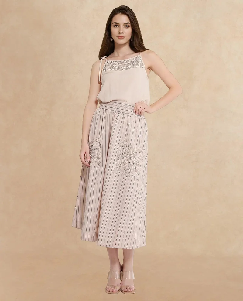Rareism Women's Striped Midi Skirt With Crochet Patch Pocket