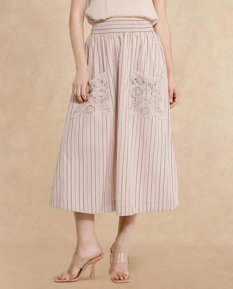 Rareism Women's Striped Midi Skirt With Crochet Patch Pocket