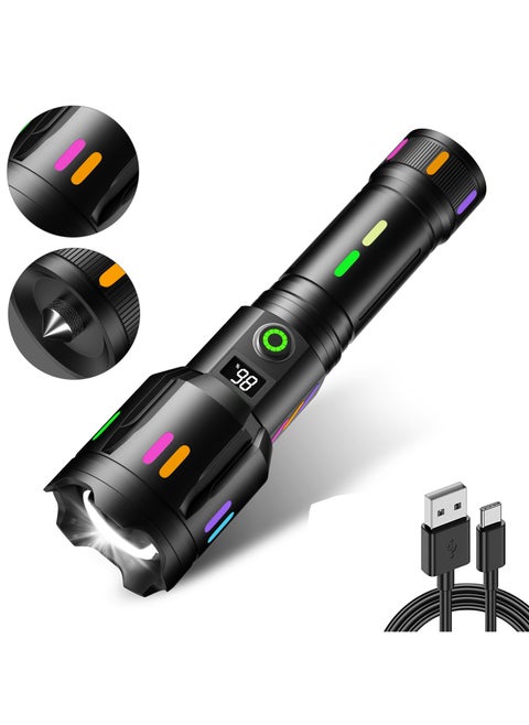 LED Handheld Flashlight Luminous Shell Zoomable Long Range Flashlight with Battery Level Display USB Type C