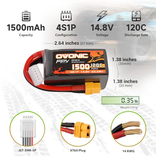 OVONIC بطارية ليثيوم بوليمر OVONIC 14.8V 120C سعة 1500mAh 4S مع موصل XT60 لطائرات FPV وطائرات الرباعية والمروحيات والطائرات والقوارب والسيارات النموذجية (عبوة 2)  - Image 2