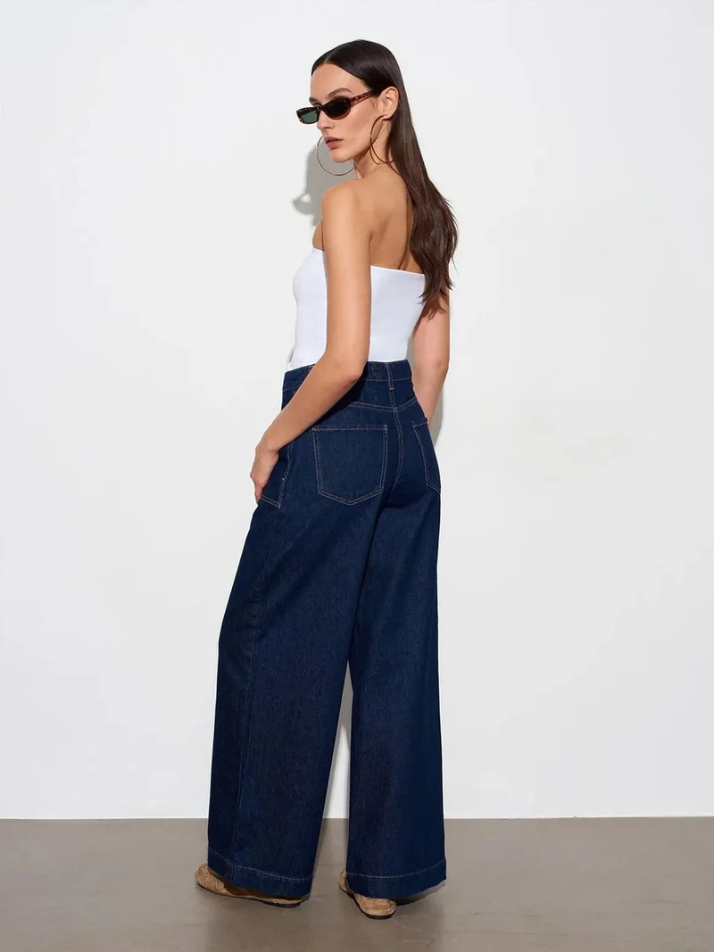 ديلفين Dilvin High-Waist Wide-Leg Cotton Denim Jeans