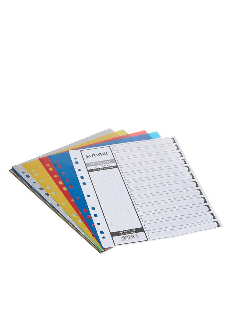 Maxi Maxi 12 Part Color Polypropylene Divider,Plastic Subject Dividers With Multipunched Reinforced Colour Number Tabs, ASSORTED, DVPP 12C  - Image 2