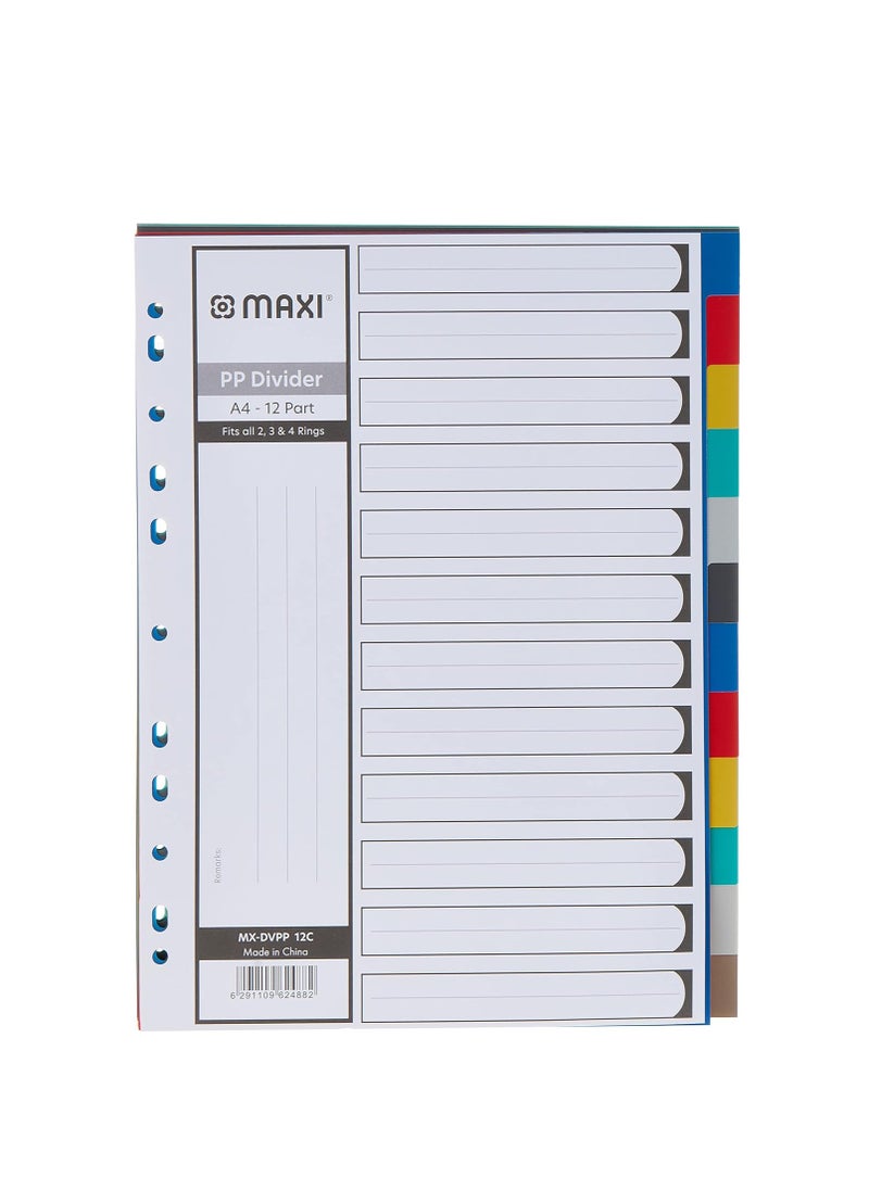 Maxi Maxi 12 Part Color Polypropylene Divider,Plastic Subject Dividers With Multipunched Reinforced Colour Number Tabs, ASSORTED, DVPP 12C  - Image 1