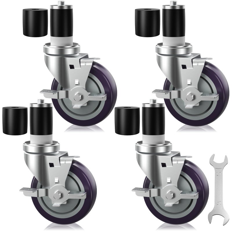 OK5STAR 4 inch Prep Table Casters Set of 4 for Commercial Kitchen Prep Tables, Expanding Stem Caster Wheels for Table Legs All with Brake Fit 1-1/2" and 1-5/8" Inner Diameter Leg Tube Adapter Caster