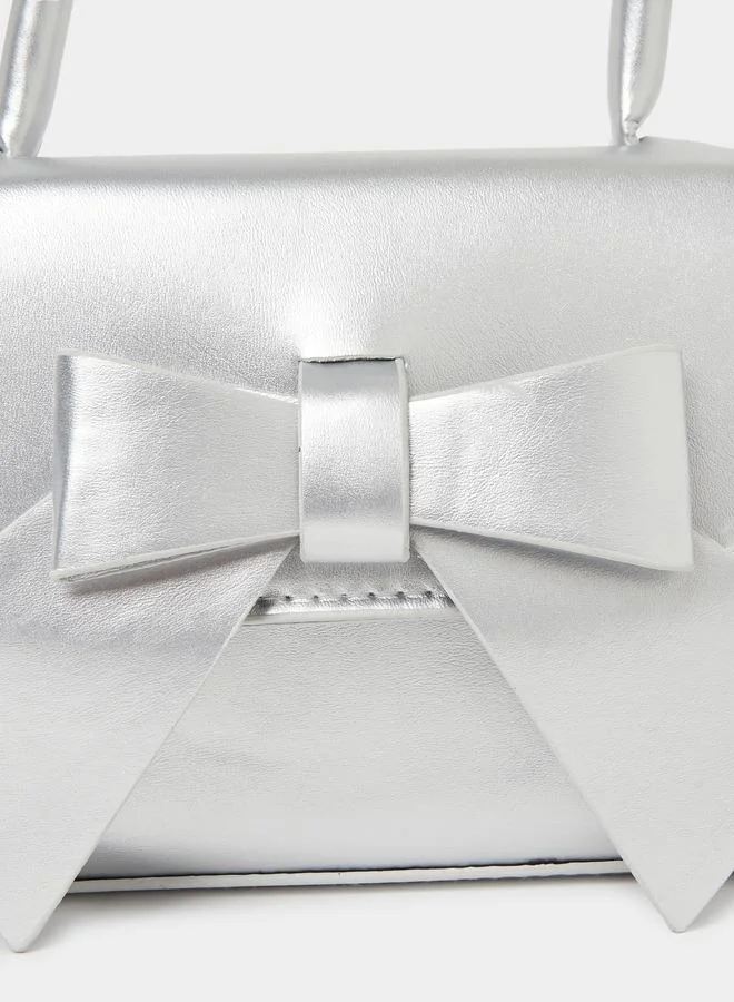 Styli Styli Girls Metallic Design Bow Detail Handbag with Top Handle