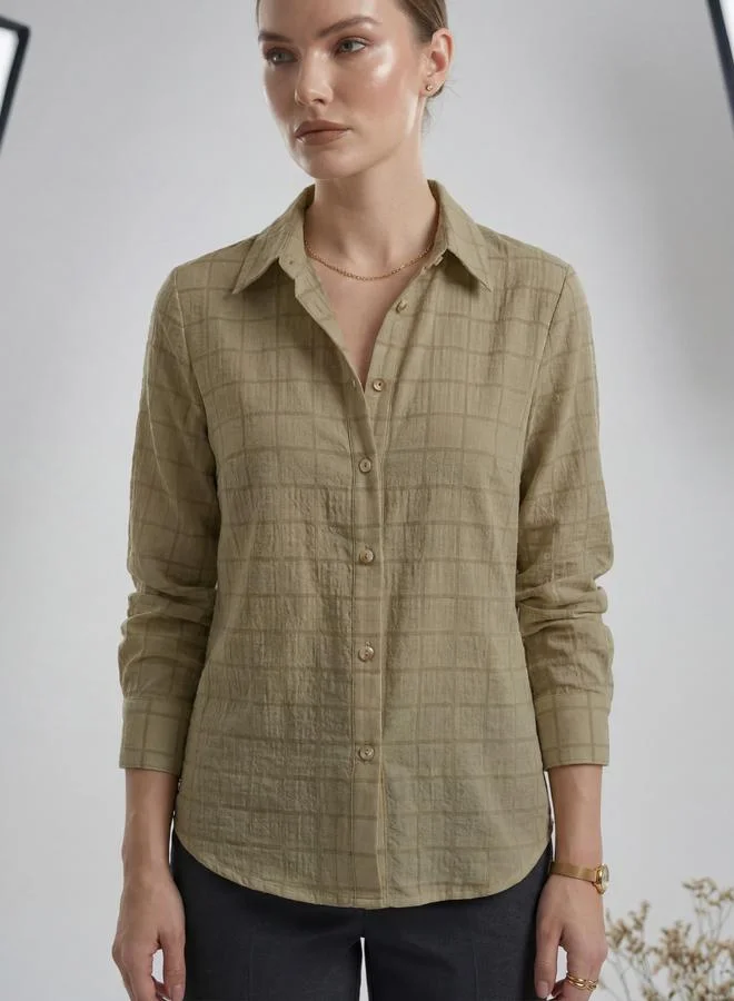 Mish Brown Grid Pattern Long Sleeve Shirt