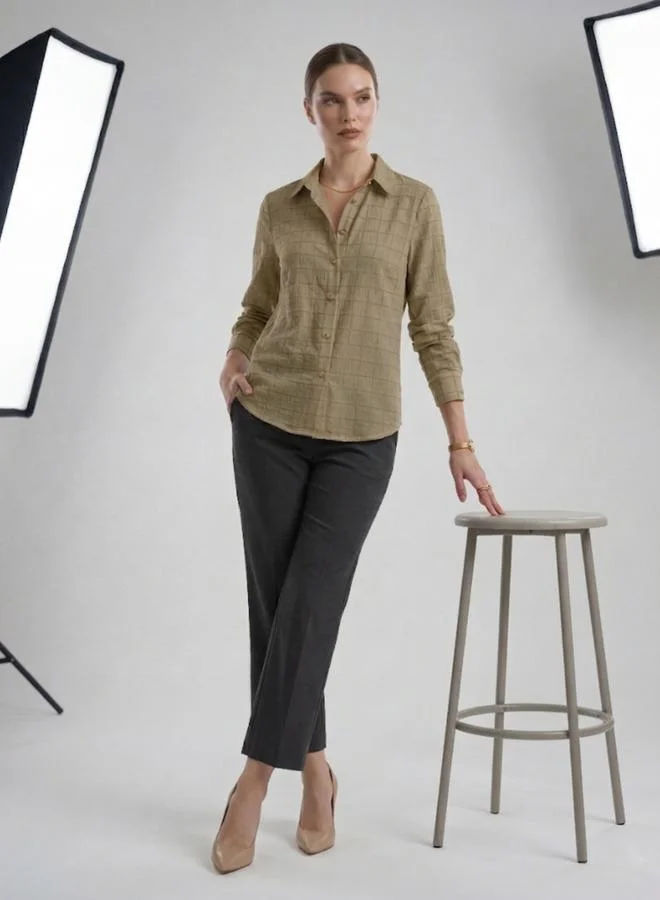 Mish Brown Grid Pattern Long Sleeve Shirt