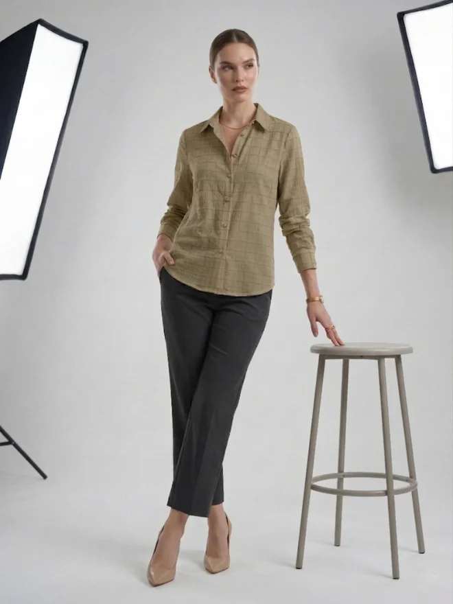Mish Brown Grid Pattern Long Sleeve Shirt