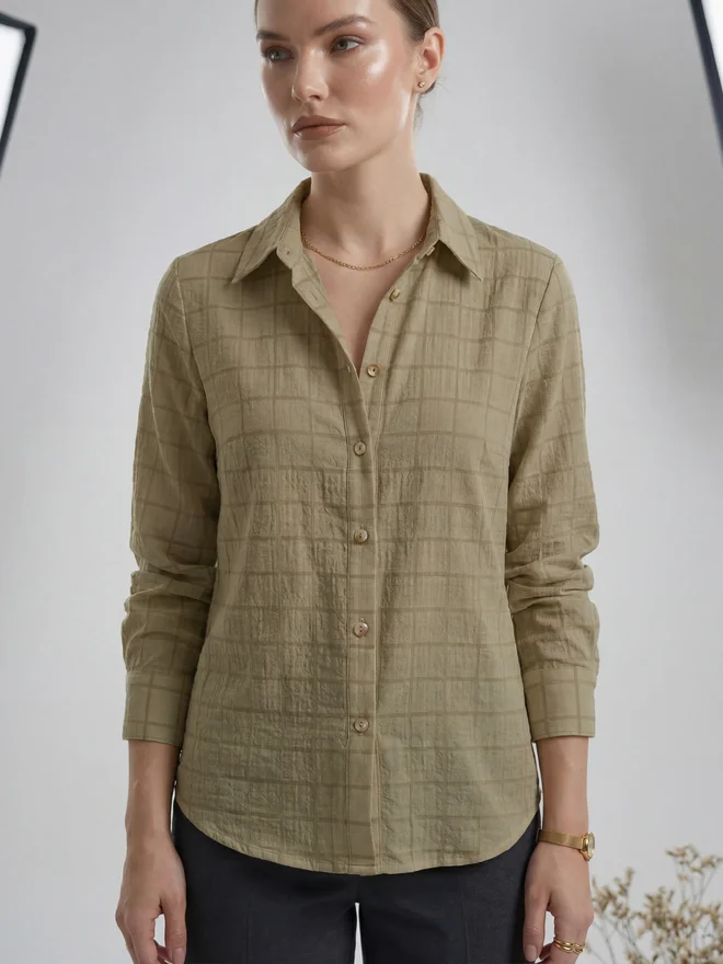 Mish Brown Grid Pattern Long Sleeve Shirt