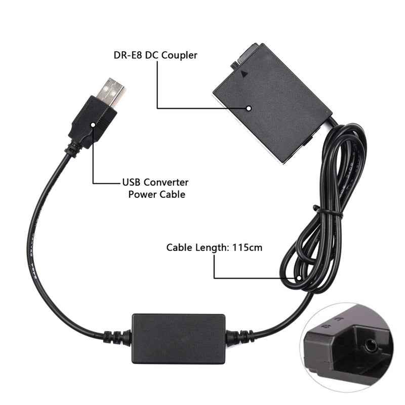 مجموعة طاقة USB DR-E8 – محول AC بديل – مقرن توصيل DC – بطارية وهمية – مدخل USB واحد – متوافق مع كاميرات كانون ريبيل T3i T2i T4i T5i و EOS 550D 600D 650D 700D و Kiss X5 X4 X6 X6i X7i - Image 5