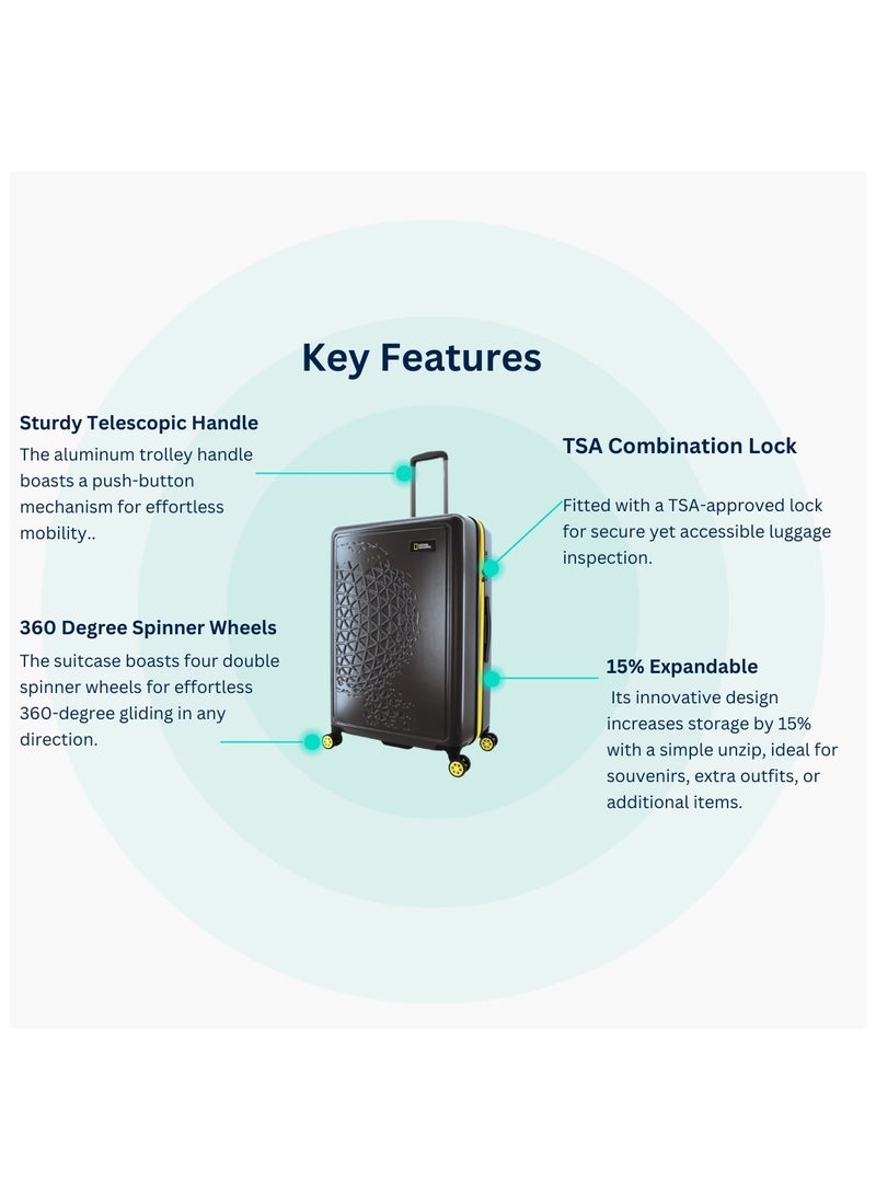 NATIONAL GEOGRAPHIC National Geographic Globe ABS Hard Shell Large Check-In Suitcase Black, Durable Lightweight Travel Luggage, 4 Double Wheel Trolley Bag with TSA Combination Lock (71cm/28 Inch).  - Image 4