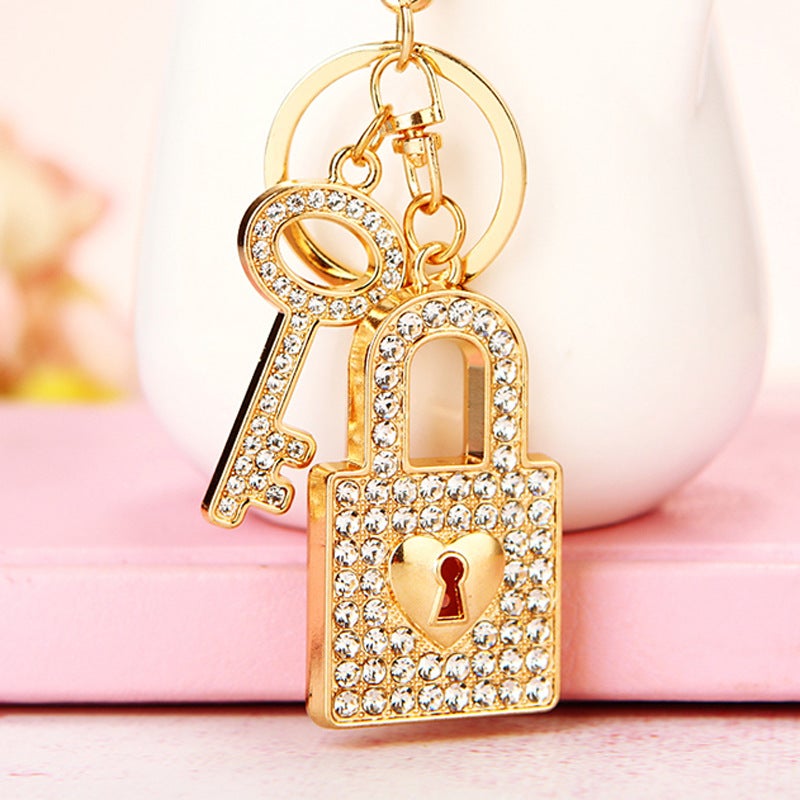 Heart Lock Diamond Couple Keychain Gold concentric lock