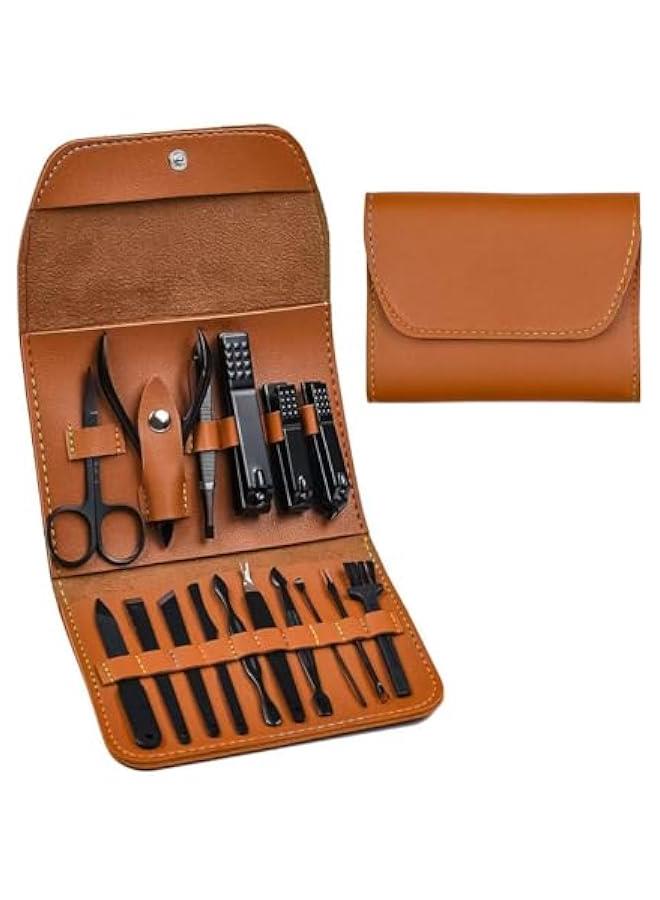 HOOKOR Manicure Set 16 in 1 Stainless Steel, Professional Manicure Kit Nail Clippers Set,Portable Travel Grooming Kit for Men and Women with Brown Leather Travel Case (23-2) - Image 1
