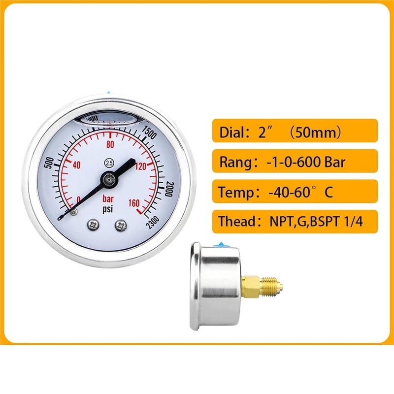 Glycerin Filling Water Gas Pressure Gauge 50mm Accuracy 2.5% Back Connection Vacuum Mamometer for Boiler Coffee Maker(BSPT(ZG) 1-4 with Oil,0-10bar) - Image 3