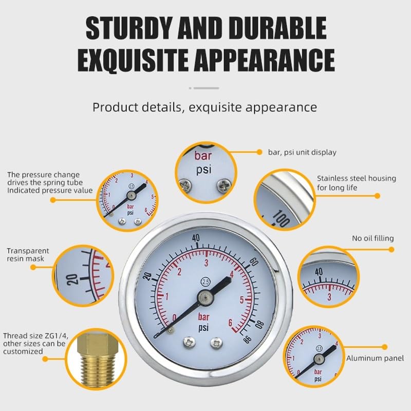 Glycerin Filling Water Gas Pressure Gauge 50mm Accuracy 2.5% Back Connection Vacuum Mamometer for Boiler Coffee Maker(BSPT(ZG) 1-4 with Oil,0-10bar) - Image 2