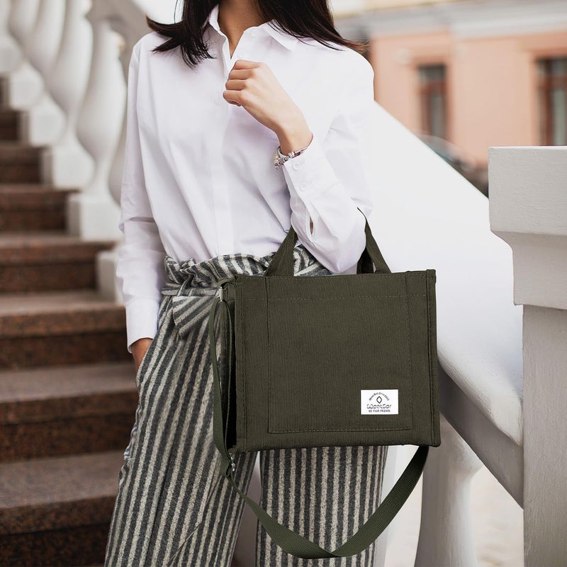 WantGor Tote Bag for Women, Corduroy Crossbody Bags Shoulder Handbag Small Satchel Hobo Bag Purse (Army Green, Small) - Image 2
